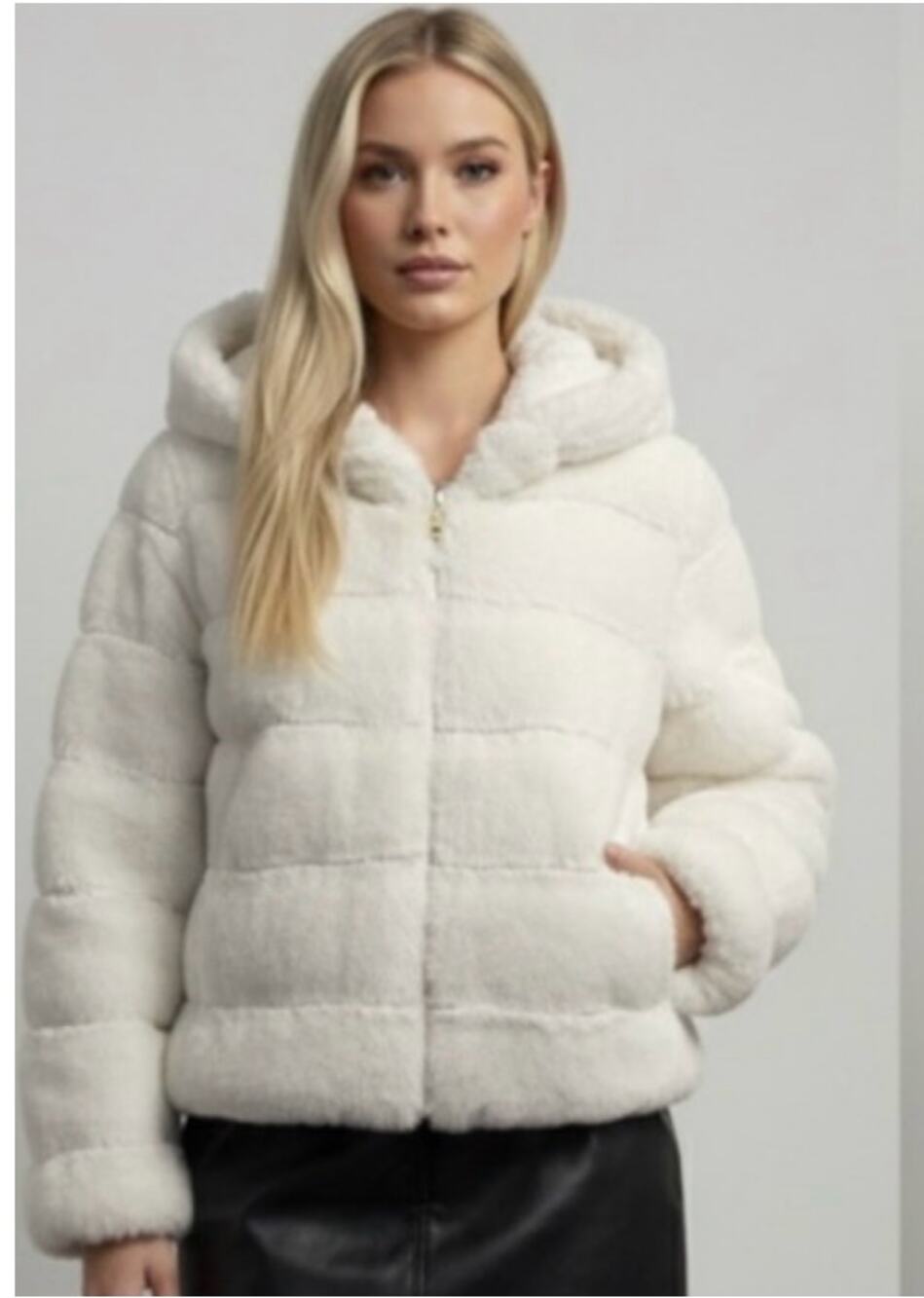BCBGMAXAZRIA White Faux Fur Hooded Jacket Size L $275 NWT